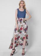Oasap Sleeveless Lace Patchwork Floral Print Slit Dress