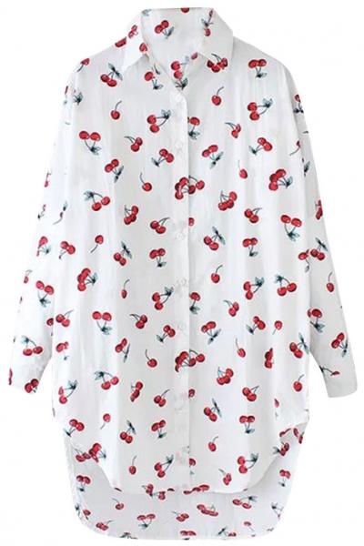 Oasap Cherry Print Oversized Long Button Down Shirt
