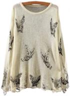 Oasap Butterfly Pattern Print Ripped Bottom Pullover Sweater