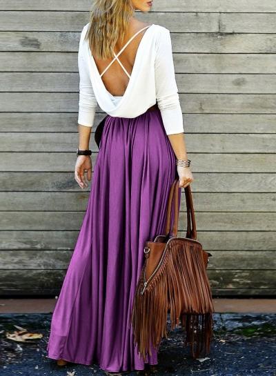 Oasap Contrast Color Long Sleeve Backless Maxi Dress