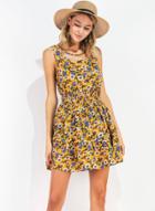 Oasap Sleeveless Floral Printed Elastic Waist Pleated Mini Dress