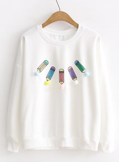 Oasap Round Neck Long Sleeve Printed Hair Ball Sweatshirt