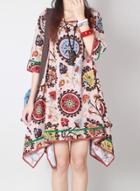 Oasap Round Neck Three Quarter Length Sleeve Printed Linen Asymmetric Dress