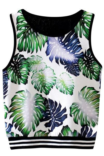 Oasap Leaf Graphic Color Block Stripe Sleeve Tank