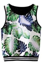 Oasap Leaf Graphic Color Block Stripe Sleeve Tank