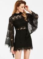 Oasap Round Neck Long Sleeve Lace Splicing Hollow Out Dress
