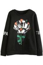 Oasap Black Graphic Feather Fan Sweatshirt