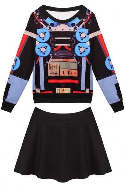 Oasap 2pcs Graphic Sweatshirt Black Skirt Matching Set