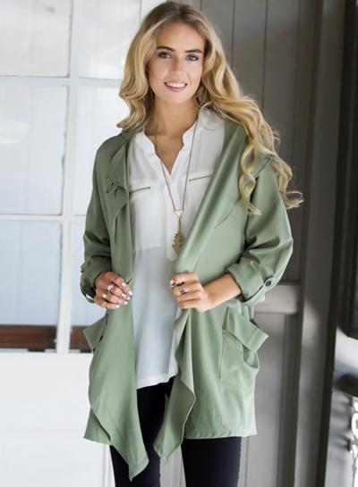 Oasap Solid Color 3/4 Sleeve Open Front Loose Trench Coat With Pockets
