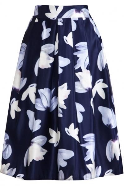 Oasap White Floral Print Pleated Swing Skirt