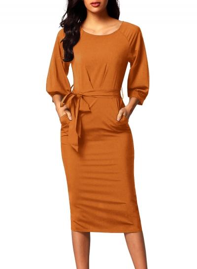 Oasap Solid Color Three Quarter Length Sleeve Belt Chiffon Pencil Dress