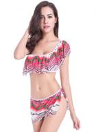 Oasap Printed One Shoulder Top Skirted Bottom Swimwear