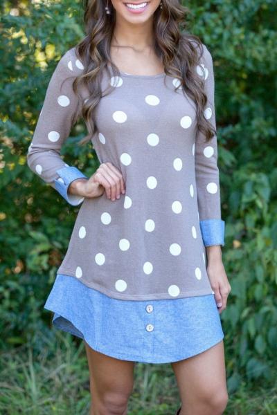Oasap Sweet Polka Dot Denim Paneled Button Decor Dress