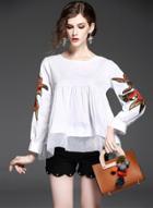 Oasap Long Sleeve Goldfish Embroidery Pleated Loose Blouse