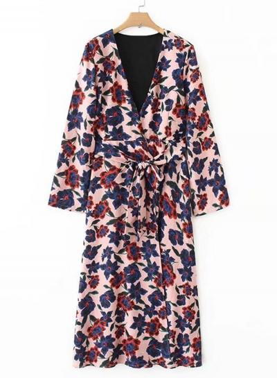 Oasap V Neck Long Sleeve Floral Print Midi Dress With Belt