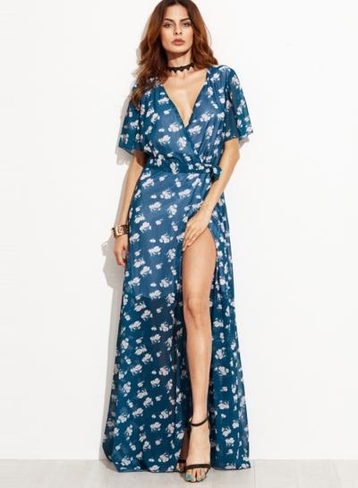 Oasap Women's Deep V Maxi Floral Print Sheer Dress
