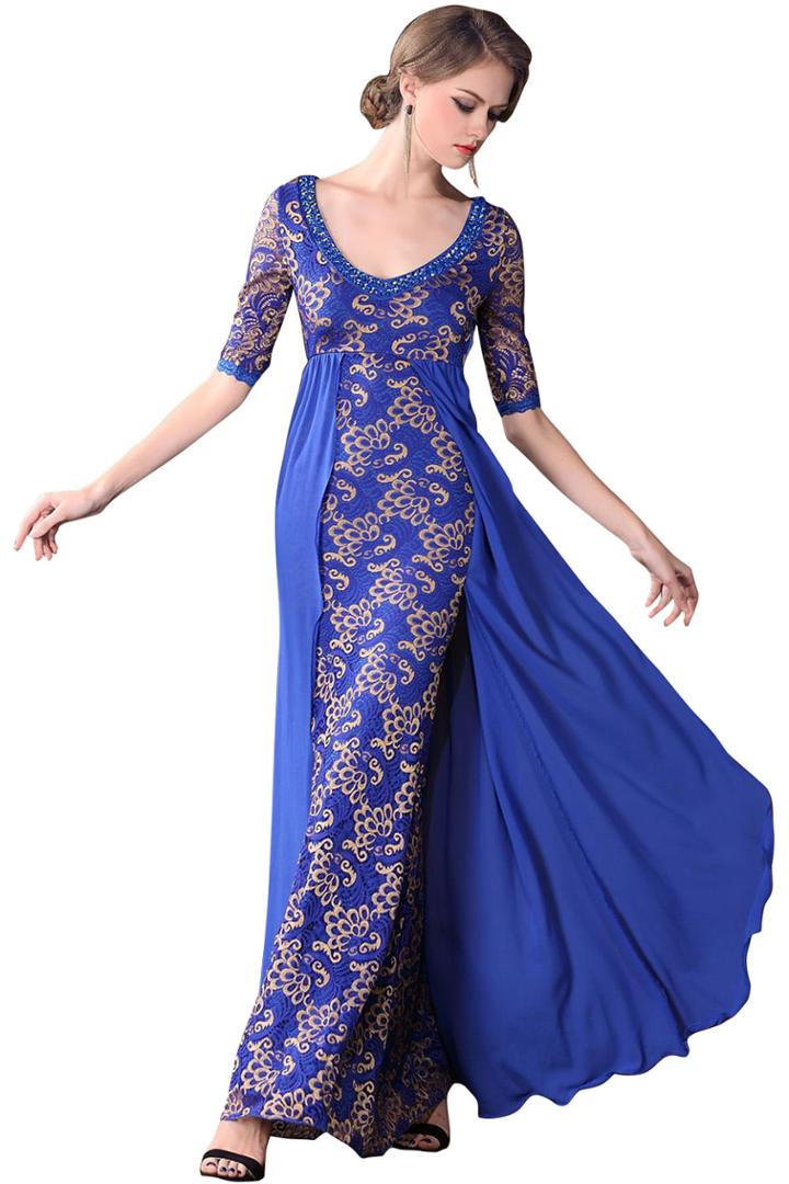 Oasap Essential Rhinestones Layered Maxi Back Cutout Evening Lace Dress