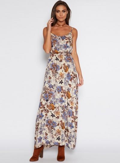 Oasap Round Neck Off Shoulder Floral Print Dress