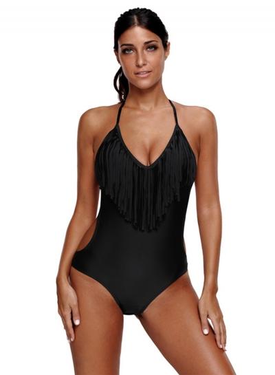 Oasap Halter Backless One Piece Slim Fit Swimsuit With Tassel