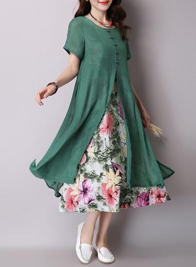 Oasap Round Neck Short Sleeve Fake Two Pieces Maxi Dresses