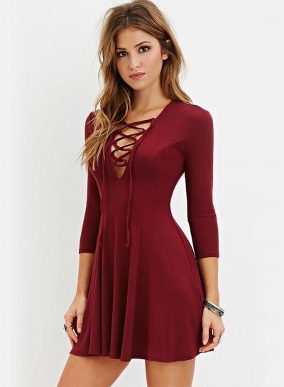 Oasap V Neck Lace-up Front Long Sleeve A-line Dress
