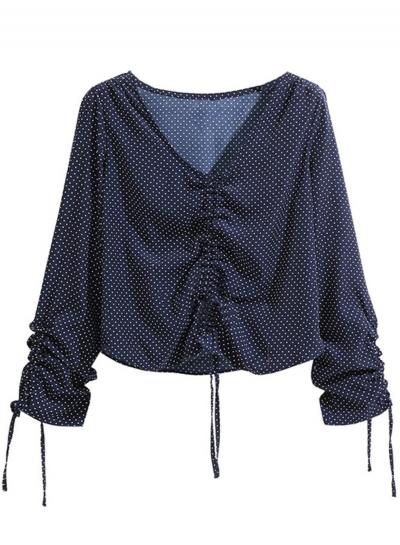 Oasap V Neck Long Sleeve Polka Dots Tee Shirt