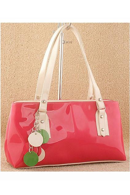 Oasap High Shine Bright Color Shoulder Bag With Leather Roundel Charm
