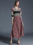 Oasap V Neck Short Sleeve Printed Slim Dress