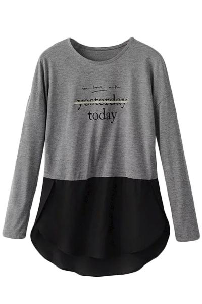 Oasap Casual Color Block Letter Graphic Paneled Tee