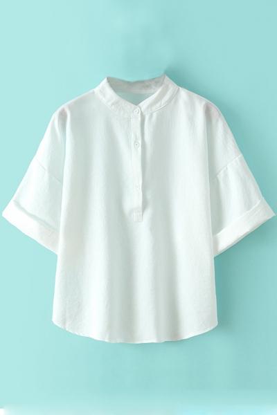 Oasap Solid Color Stand Collar 3/4 Sleeve Shirt