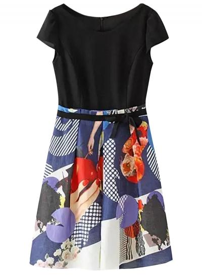 Oasap Women's Graphic Round Neck Combo Dress
