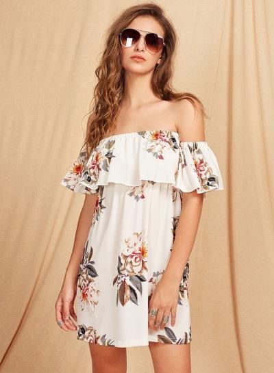 Oasap Flounce Sleeve Floral Print Slash Neck Mini Dress