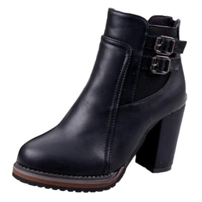 Oasap Solid Color Block Heels Round Toe Buckle Strap Ankle Boots