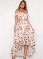 Oasap Slash Neck Floral Print Crop Top High Low Skirt Set