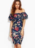 Oasap Floral Print Ruffles Slash Neck Day Dress