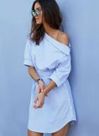 Oasap One Shoulder Asymmetric Half Sleeve Striped Pattern Dress