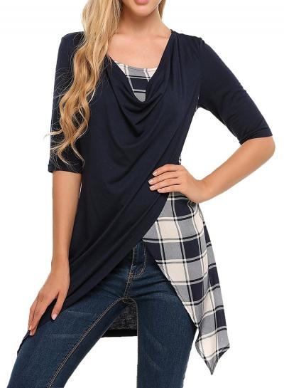 Oasap Three Quarter Length Sleeve Plaid Splicing Asymmetric Tee Shirt