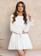 Oasap Round Neck Long Sleeve Lace Up Solid Color Mini Dress