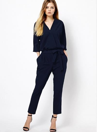 Oasap V Neck Three Quarter Length Sleeve Solid Color Jumpsuit