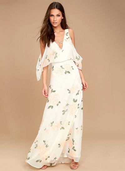 Oasap V Neck Off Shoulde Backless Floral Printed Maxi Dress