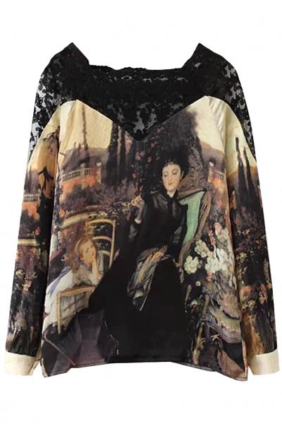 Oasap Vintage Beauty Painting Pattern Blouse