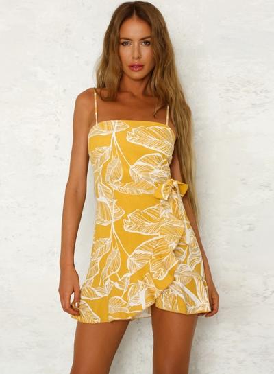 Oasap Strapless Leaves Printed Flounce Mini Dress