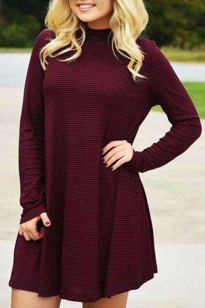Oasap Burgundy Mock Neck Stretched Trapeze Dress