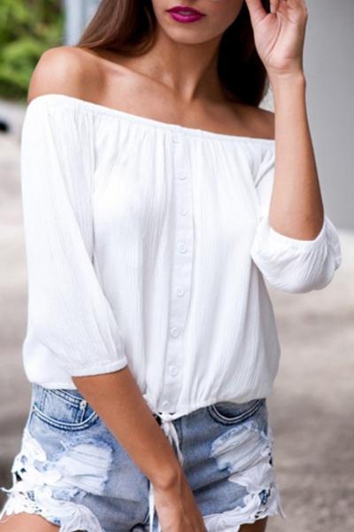 Oasap White Lace-up Waist Off-the-shoulder Chiffon Blouse
