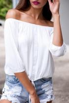 Oasap White Lace-up Waist Off-the-shoulder Chiffon Blouse