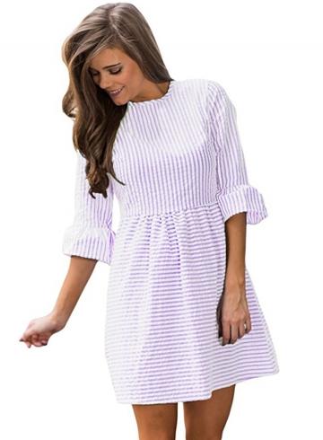 Oasap Fashion Half Sleeve Striped Bubble Round Neck Midi Dress