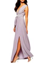 Oasap Women's Solid Deep V Neck Sleeveless High Slit Evening Dress