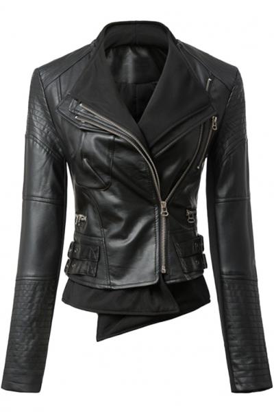 Oasap Faddish Black Faux Leather Turn-down Collar Layered Jacket