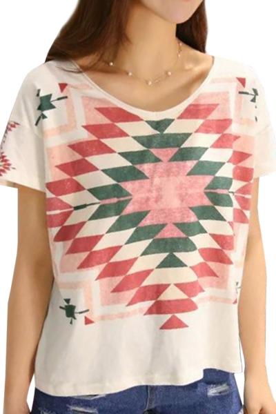 Oasap Fashion Women Geometric Print Short Sleeve Knit Tee