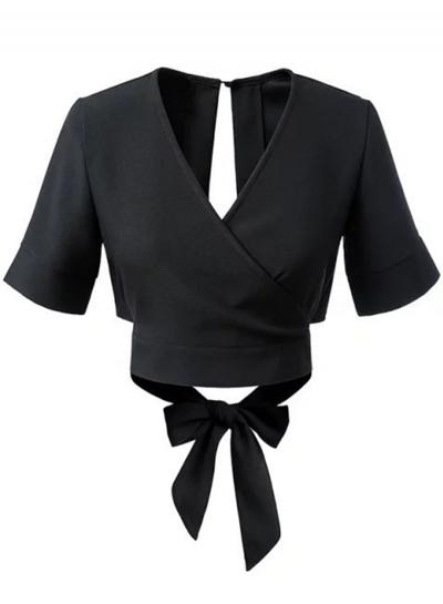 Oasap Women's Casual V Neck Short Sleeve Back Bowknot Crop Top